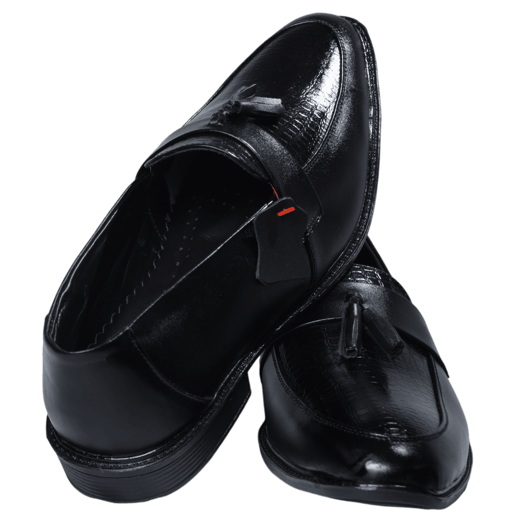 Black leather formal shoe, angled view