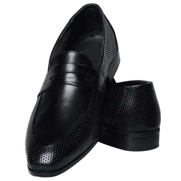Black leather formal shoe, single angled view