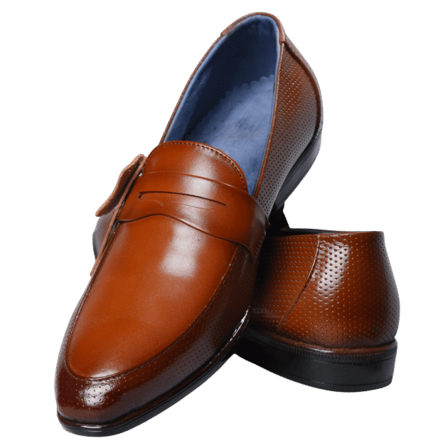 Tan leather loafer, side view