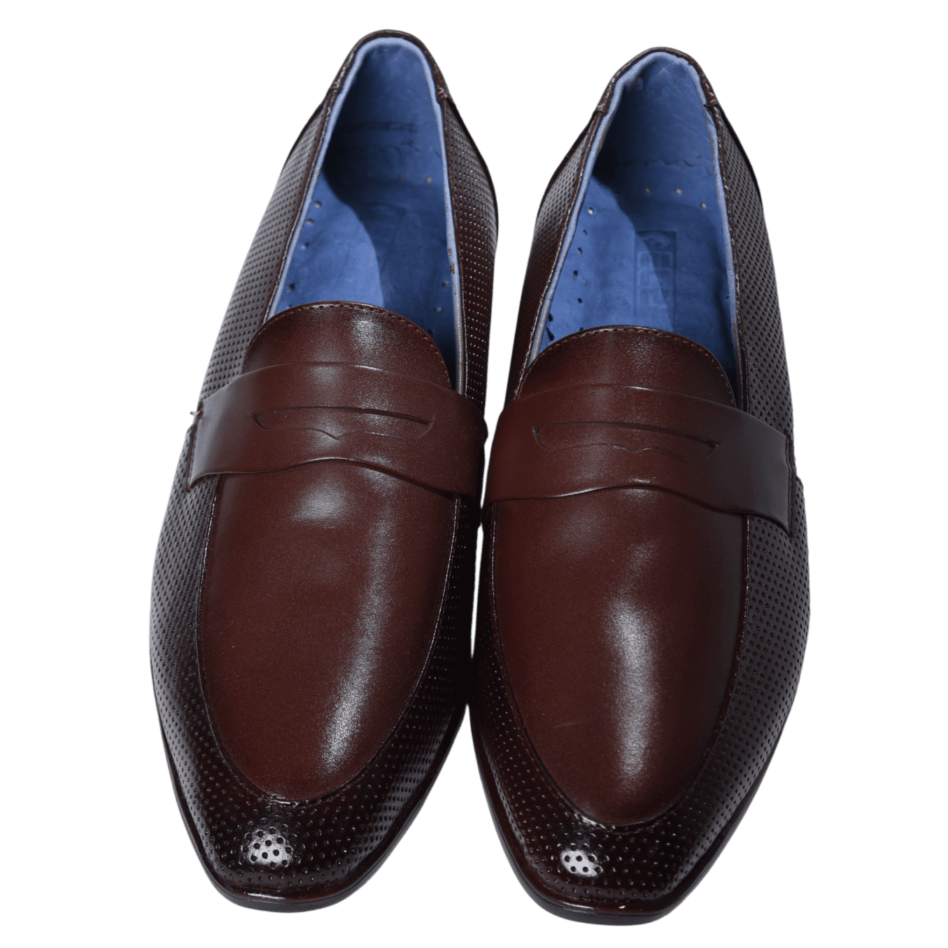 Brown leather loafers with blue lining, top view