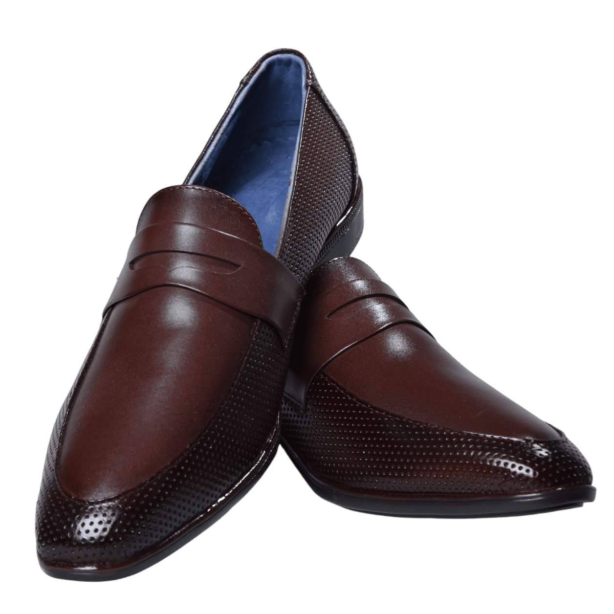 Brown leather loafers with blue lining, pair