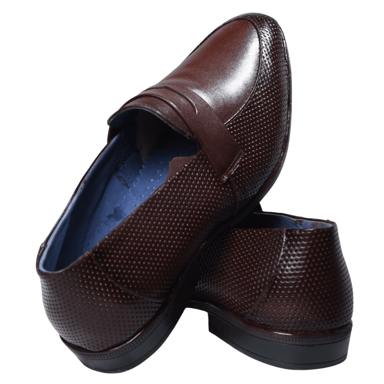 Brown leather loafer with blue lining, single view