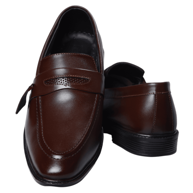 Brown leather loafer, angled view