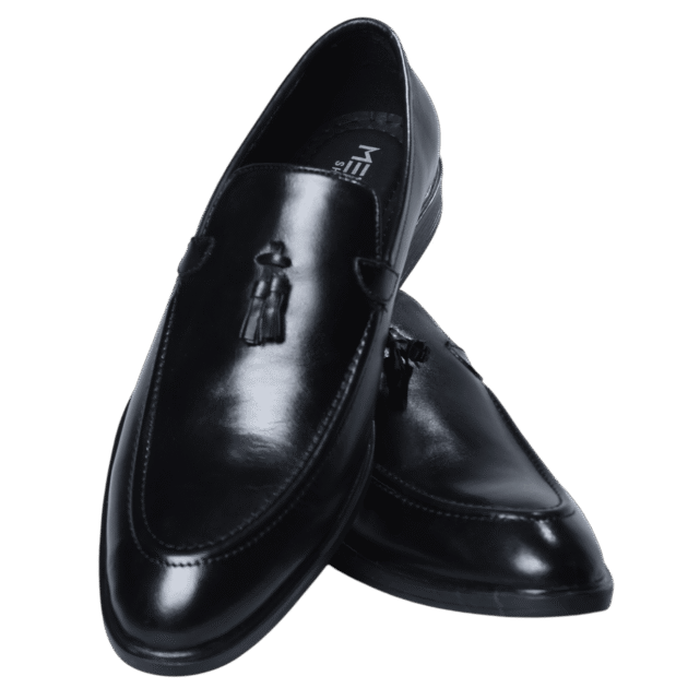 Black leather tassel loafer, single view